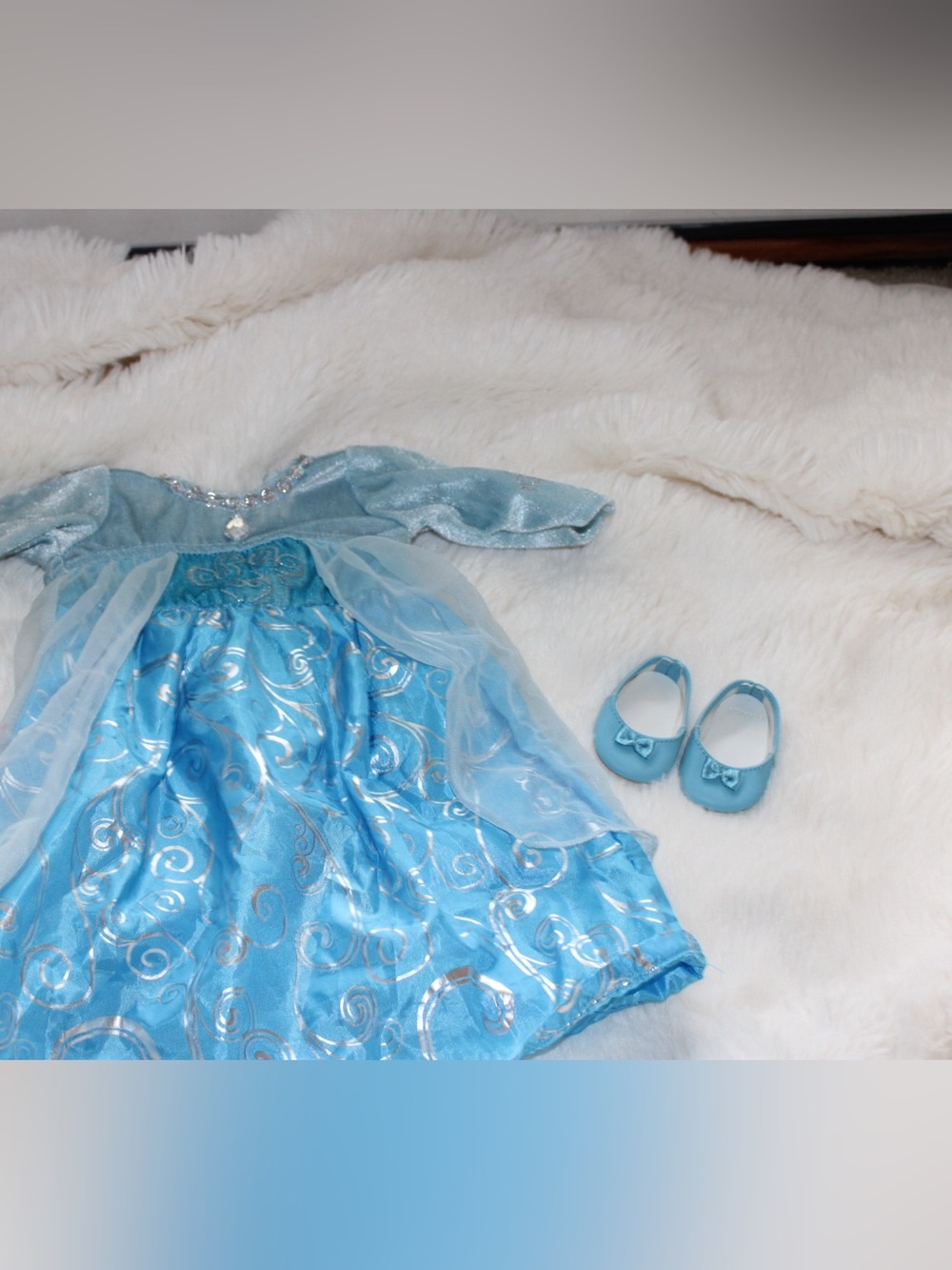 “Frozen” Elsa dress and slippers made to fit American girl doll